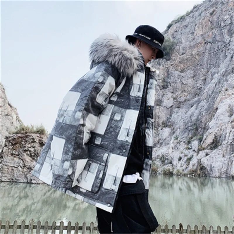 

Winter Jacket Men Coat Hip Hop Casual Grid Warm Thick Long Fur Hooded Face Men Clothes Outdoor&coats Parkas Abrigo Hombre