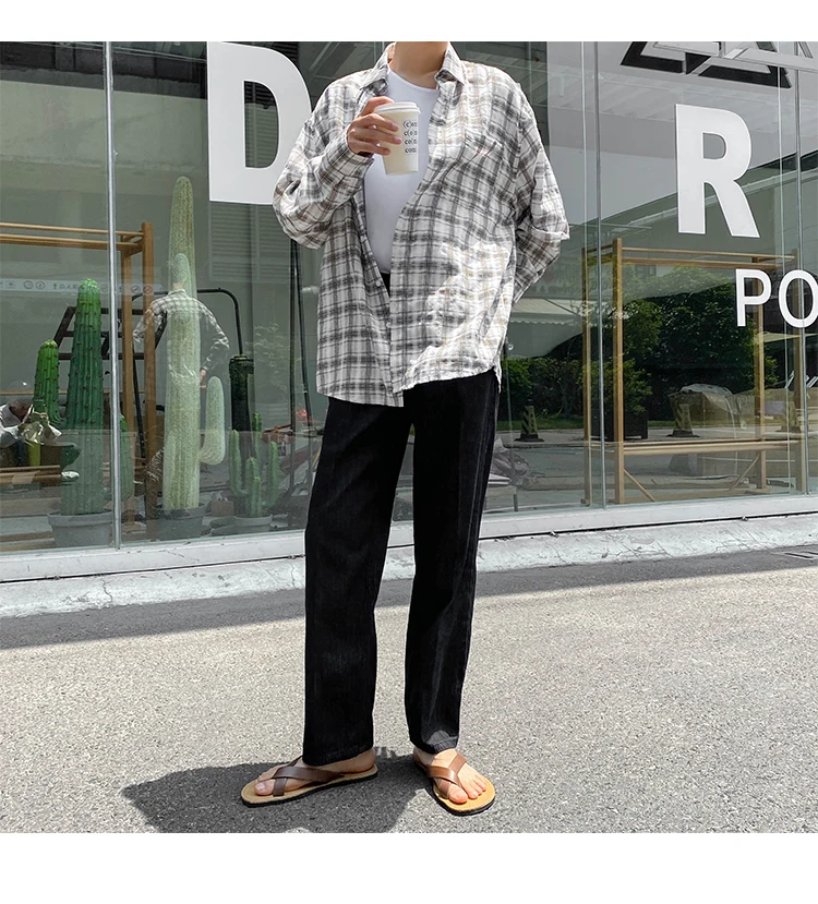 日本限定 春夏チェック柄シャツメンズファッションレトロンカジュアルシャツメンズストリートウ