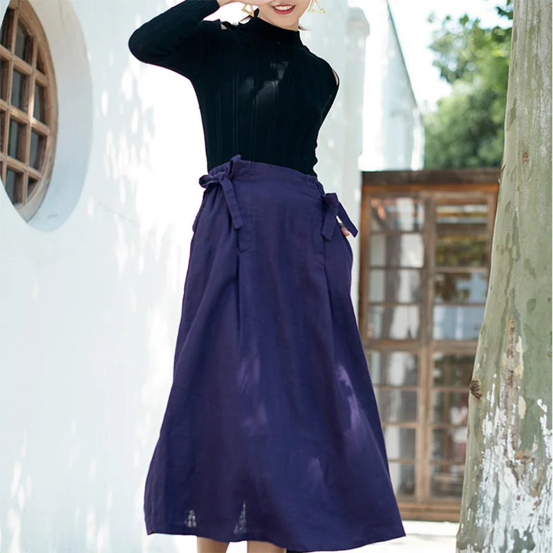 

SCUWLINEN 2019 NEW Women Skirts Solid Elastic Waist Lacing Plus Size Loose Linen Cotton Pleated Skirt Casual Saia Longa S988