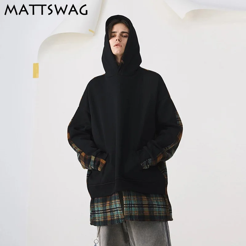 

MATTSWAG Plaid Patchwork Hoodies Mens 2020 New Retro Fake Two Pieces Mens Hoodies Sweatshirts Loose Women Hoodies Unisex Clothes