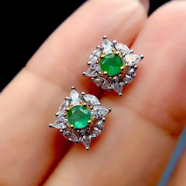 Серьги из серебра 925 пробы с натуральным изумрудом 4 мм|Серьги-гвоздики| |