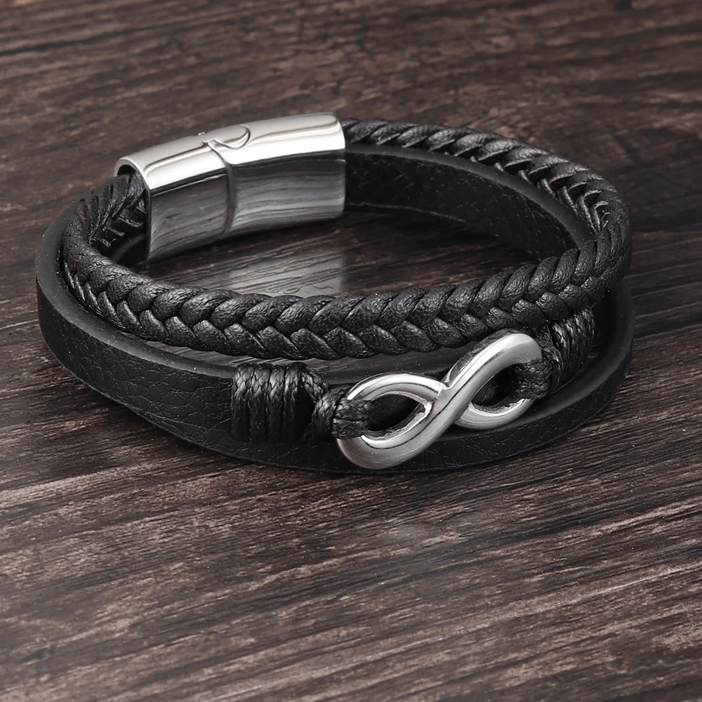 Stainless Steel Leather Bracelet Infinity Logo Special Popular Pattern Men's Bracelet DIY Valentine's Day Handsome Gift