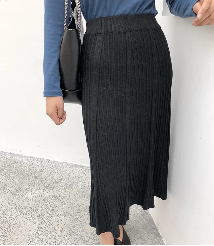 Новые зимние длинные юбки для женщин женские Высокая Талия черная плиссированная юбка корейский стиль Женские повседневные трикотажные миди-юбка saia faldas