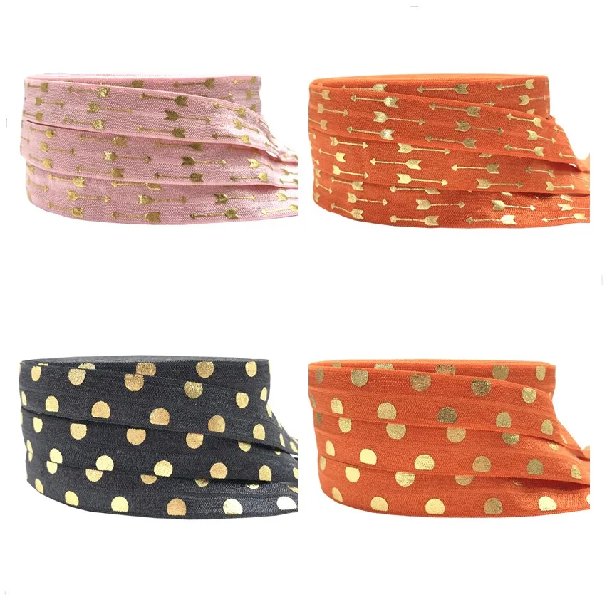 

16mm fold over elastic ribbon 5/8" Gold foil arrow Polka dot printed 10 yards Hair ring DIY handmade sewing clothing accessorie