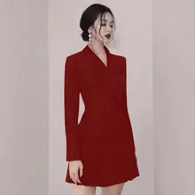 JSXDHK подиумная Дизайнерская Женская открытая одежда с отложным воротником осеннее черное двубортное платье с длинным рукавом облегающее Плиссированное Платье для работы