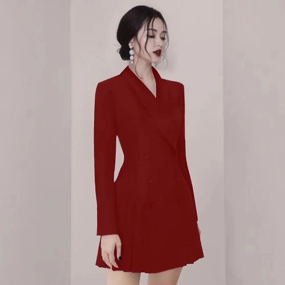 

JSXDHK Runway Designer Women Turn Down Collar OL Dress Autumn Black Double-breasted Long Sleeve Bodycon Pleated Work Vestidos