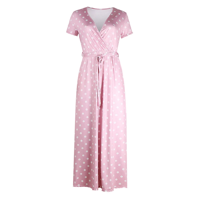 Fashion Women Summer Dress New Sexy V-neck Short Sleeve Polka Dot Print Women Long Maxi Dress Ladies Clothes CDR1875 (1)