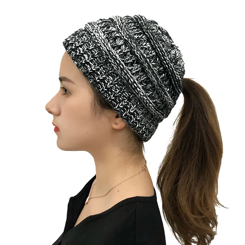 New Adult Women's Hats Wool Knitted Hat Autumn Winter Warm Brand Skullcap Female Cross Ponytail Cap Skullies Beanies 6