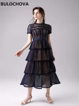 

Lace Hollow Out Women Short Sleeve Slim Cake Long Dress 2020 Newest Self-Portrait Design Womans Large Size Runway Party Dresses