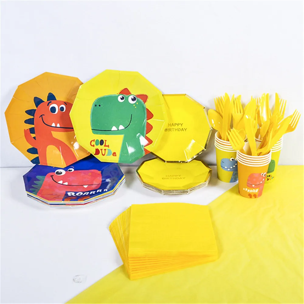 Посуда для вечеринки с динозавром бумажные стаканчики и тарелки динозаврами