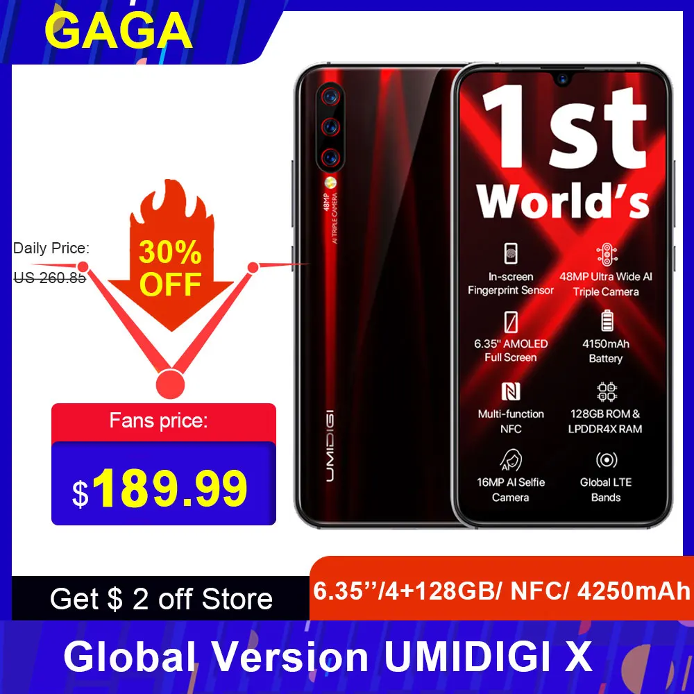 Глобальная версия смартфона UMIDIGI X 6 35 дюйма AMOLED 4G 128 ГБ Android 9 0 Helio P60 48 МП 4150 мАч