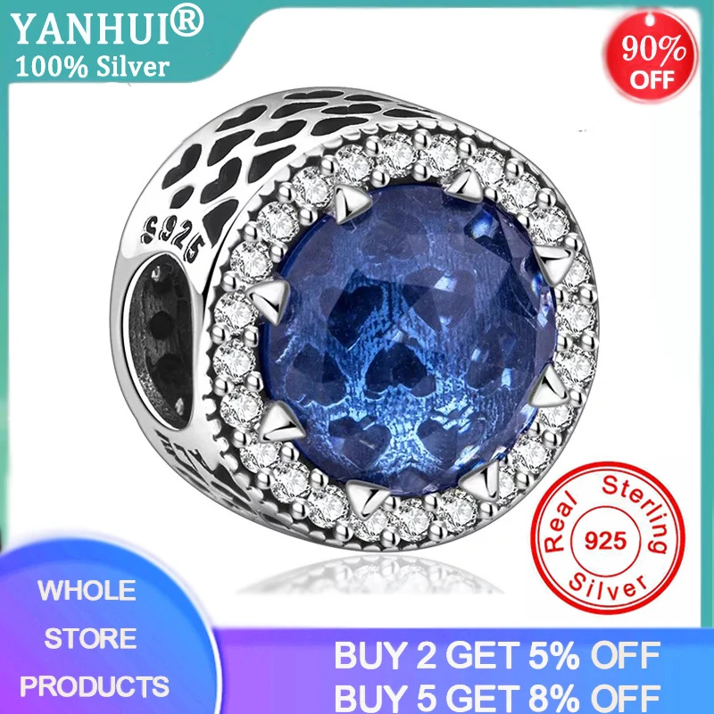 

YANHUI 100% Original Solid Silver Blue Crystal Charms Beads Pendants Fit Chain Bracelet/Necklace Women Authentic S925 Jewelry
