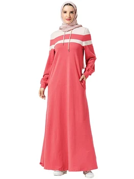 

2020 Women Casual stripe patchwork Hooded Sweater Muslim hijab Long dress Ramadan Robe turkey dubai abaya dress islamic clothing
