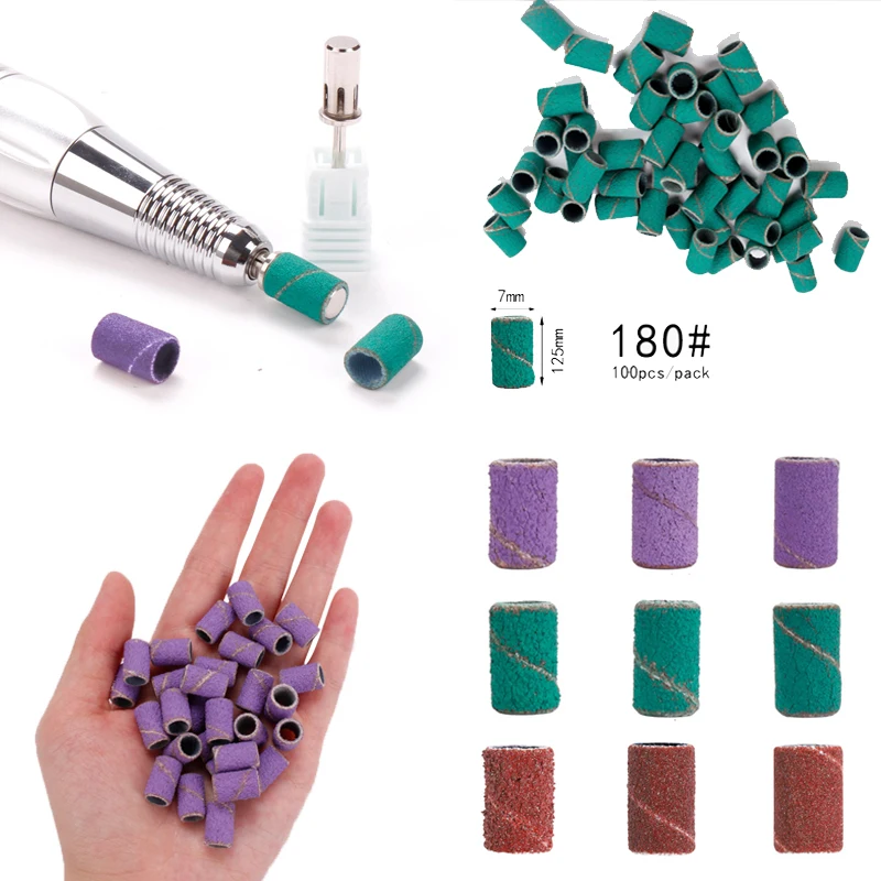

100pcs Sanding Cap Bands For Electric Manicure Machine 180/120/80 Grit Nail Drill Grinding Bit Files Pedicure Tool Set