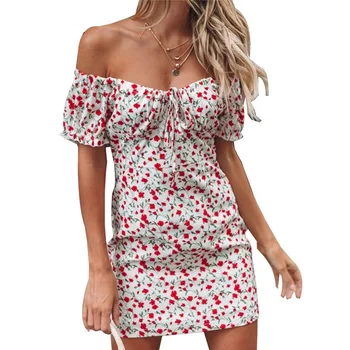 

Elegant Print Floral Bodycon Dress Women Short Sleeve Lace Up Summer Dresses Sexy Off Shoulder Backless Beach Mini Wrap Sundress