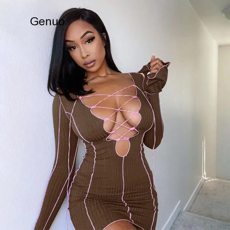

Lace Up Deep V Neck Ribbed Long Sleeve Bodycon Dresses Women Patchwork Hot Club Partywear Sexy Fashion Mini Dress Fall
