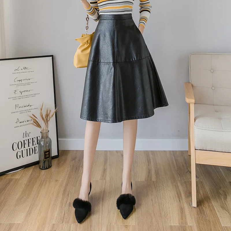 

Photo Shoot 2019 Autumn And Winter New Style Long Half-length Leather Skirt Washing Water PU Leather Full Skirt Joint Pocket A-