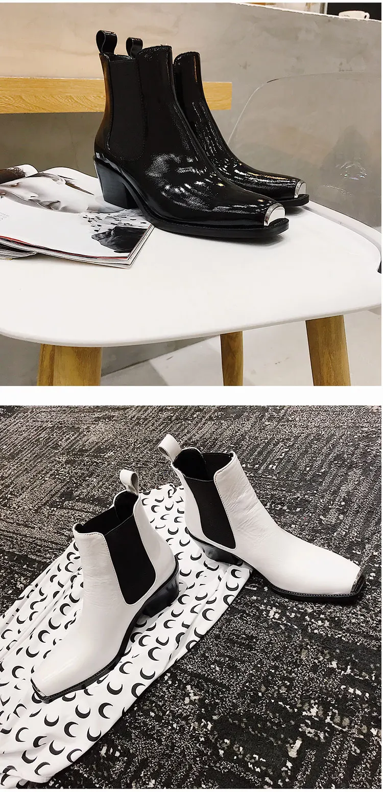 Buono Scarpe/женские ботинки «Челси»; ботильоны из натуральной кожи; короткие ботинки с квадратным металлическим носком; botas Mujer; ботинки на массивном каблуке с эластичной лентой