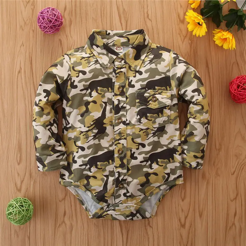 

Newborn Kids Baby Boys Camouflage Romper Top Fashion Autumn Long Sleeve Square Collar Shirt