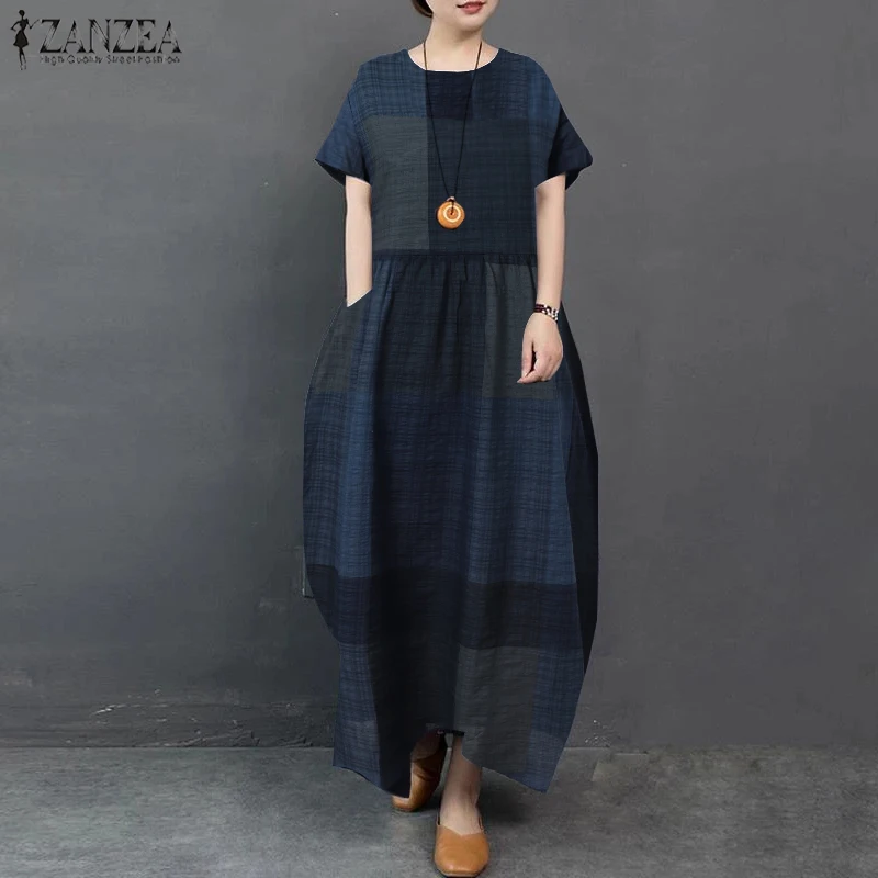 Women Short Sleeve Maxi Long Dress Summer Plaid Checked Sundress 2020 ZANZEA Robe Party Baggy Femme Plus Size Kaftan Vestidos