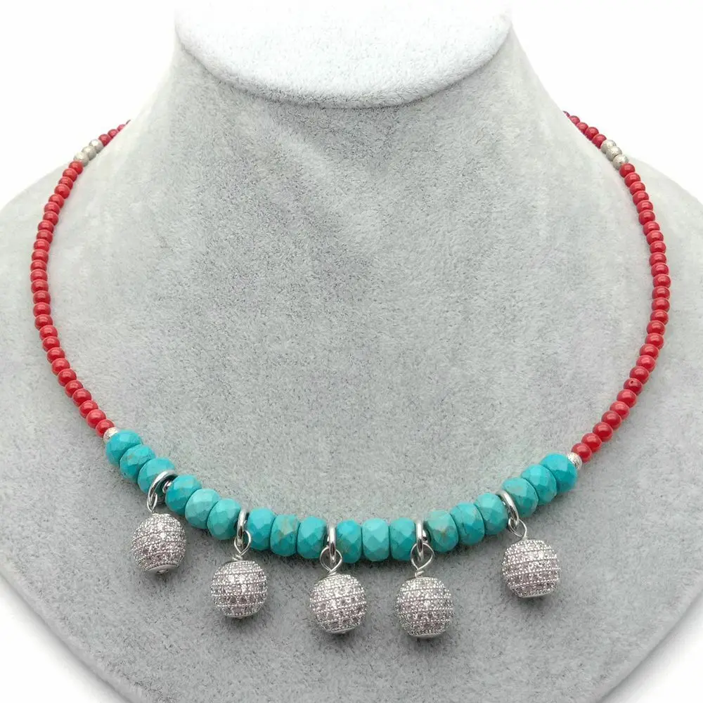 

19'' Red Coral Blue Rondelle Turquose Cz Pave Drop Charm Necklace