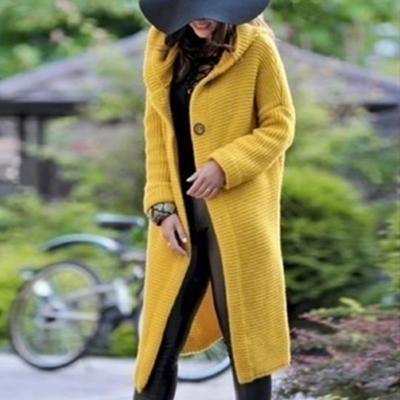 

Chic Women Long Sleeve Sweaters Solid Casual Hooded Long Cardigan Autumn Winter Knitted Cardigans Coat Plus Size