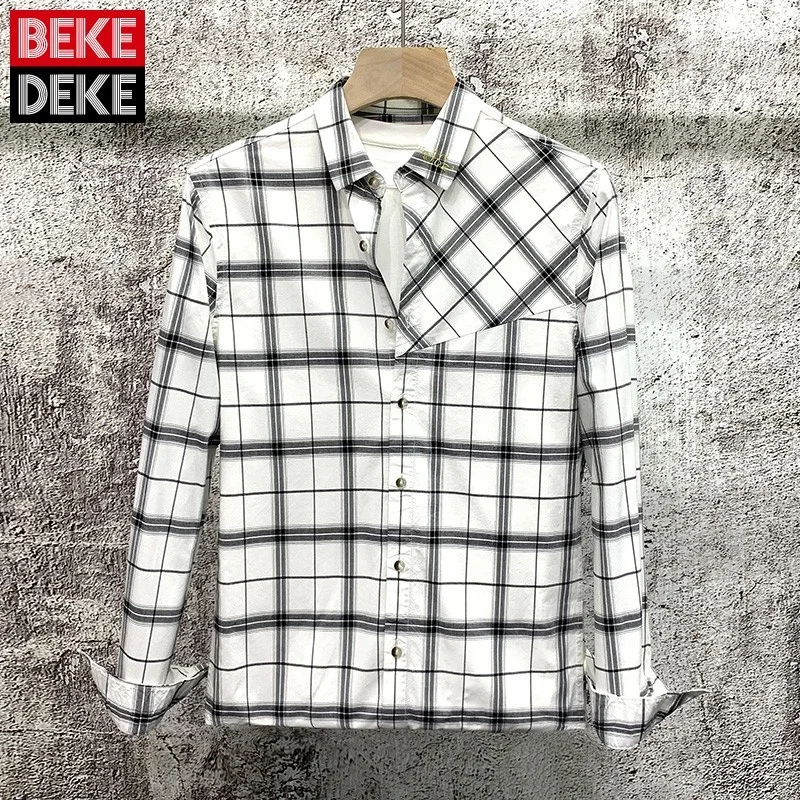 

Рубашка мужская клетчатая с длинным рукавом, повседневная однобортная уличная Деловая блузка в Корейском стиле, с отложным воротником