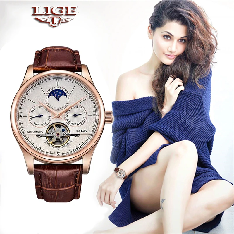 

LIGE Brand Women Watch Automatic Mechanical Watch Tourbillon Sport Clock Leather Casual Waterproof Wristwatch Relojes Mujer+Box