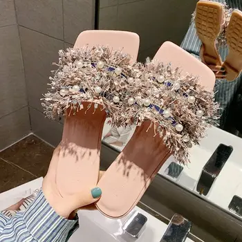 

High quality female outer slippers 2020 spring and summer new inlaid pearl student net red flat bottom fairy wind slippers indoo
