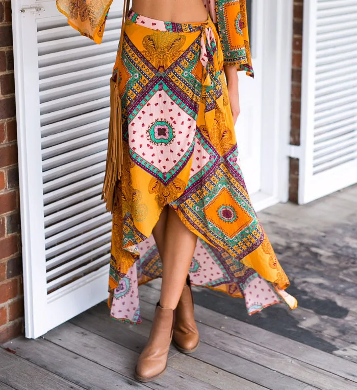 

Bohemian Printed Swallow Tail Lace-up Modified Legs Irregular Longuette