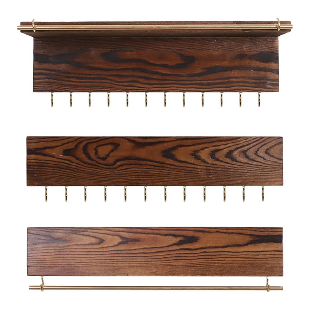 3pcs Wall Mounted Natural Wood Jewelry Rack Set Bedroom Durable Vintage With Hooks Earring Display Multifunctional Home Storage | Украшения