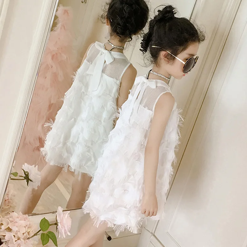 Summer Girls Dress Princess Style Back Bow Feather Chiffon Mesh Teens girls dress princess costume kids clothes for 5 7 9 11 13 Years Big Children
