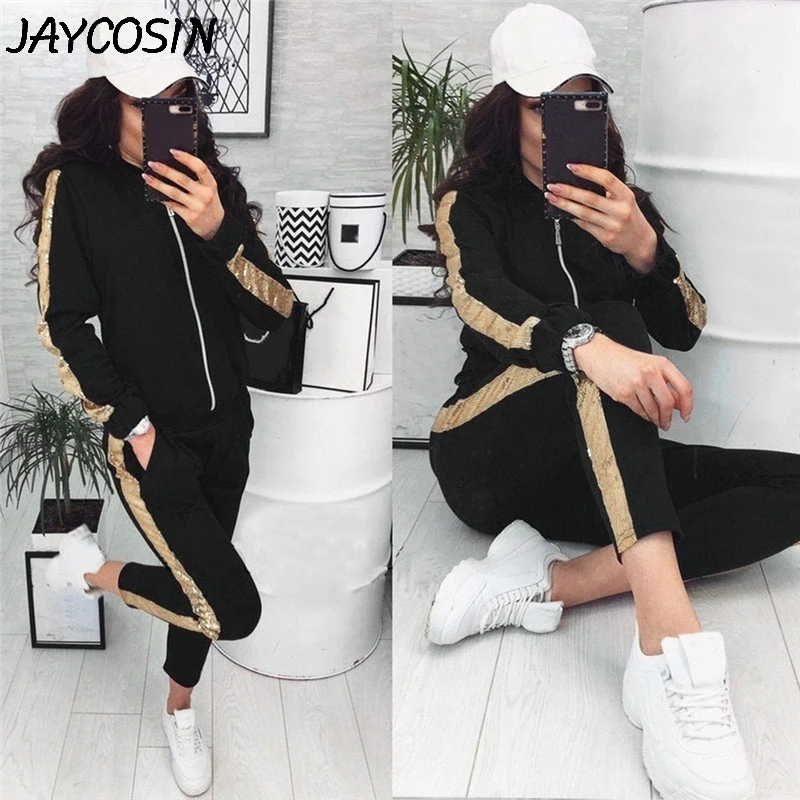 JAYCOSIN спортивный костюм женская футболка с длинными рукавами и блестками сшивание молнии Толстовка Топы Длинные штаны комплект из 2 предметов повседневные женские спортивные костюмы