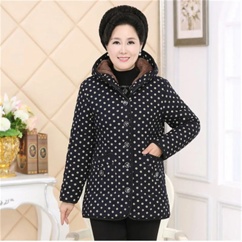 Для пожилых женщин, хлопковое пальто большой размер, зимняя плюс Теплая Бархатная верхняя одежда с капюшоном, Женская куртка с хлопковой подкладкой, парка для бабушек G1139 - Цвет: Black dots