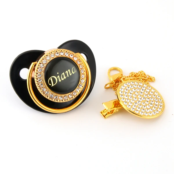 Black 0-6 M Персонализированные любое имя золотой Bling соска и соска клип Роскошные пустышки BPA бесплатно ребенок Chupeta - Цвет: Black 0-6 M