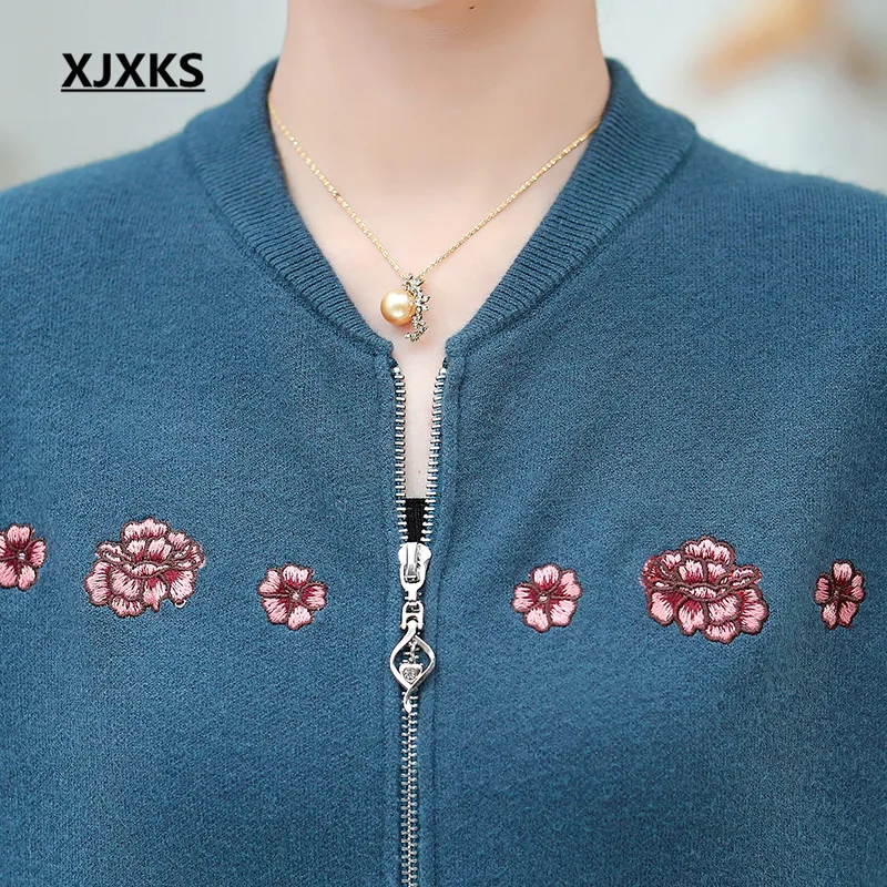 XJXKS autumn winter new women jacket fashion embroidery comfortable cashmere knitted cardigan women sweater coat