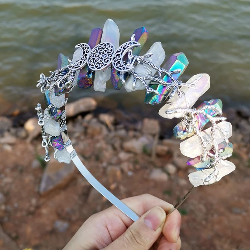 

Rainbow Contrast Color Raw Crystal Headband Antique Silver Branches Hair Hoop F3MD
