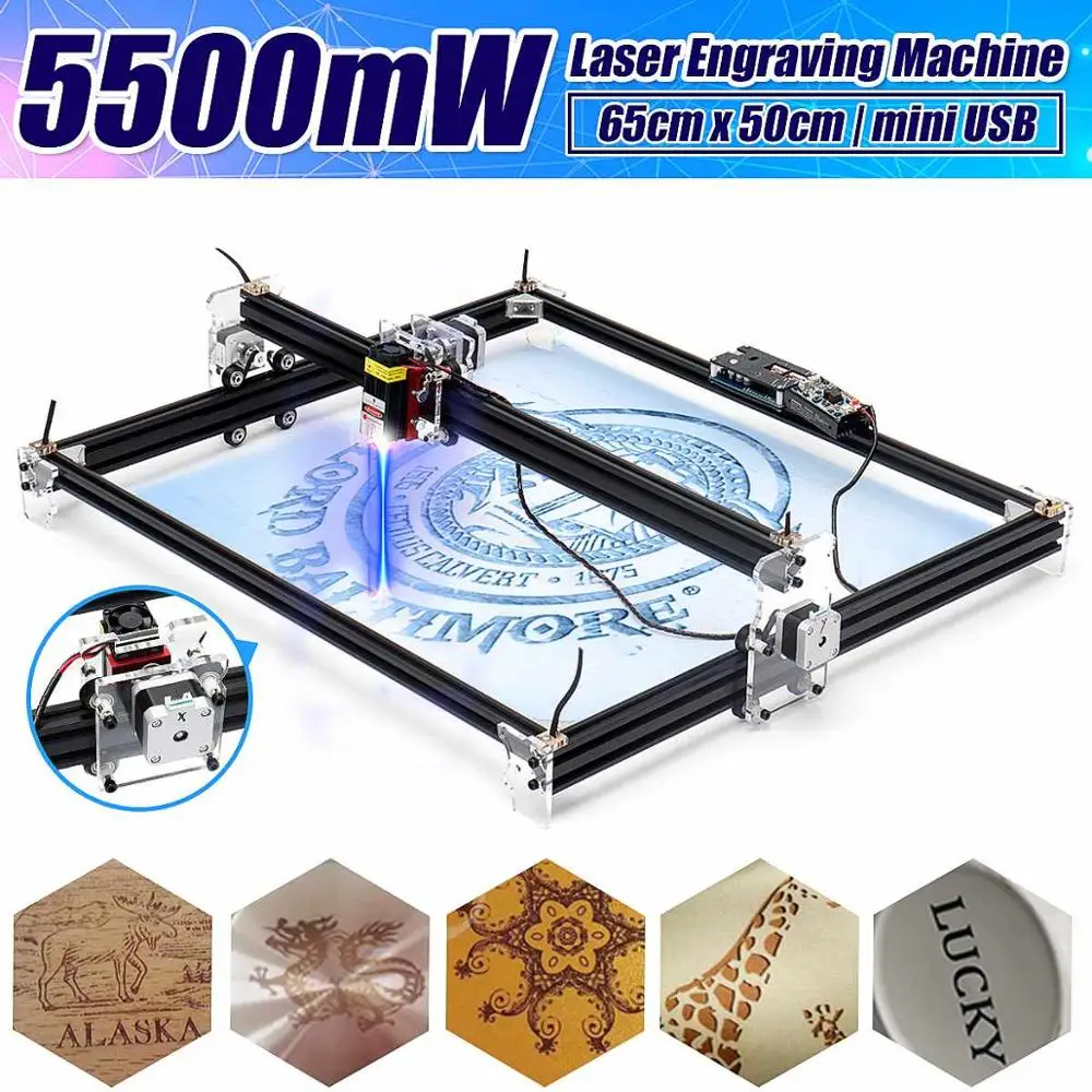 12V Мини 5500 МВт 65*55 см синий лазерный гравировальный станок с ЧПУ 2 оси «сделай сам» для дома гравер для рабочего стола, быстроходный деревообрабатывающий фрезерный станок/лазерный резак/принтер станок - Цвет: 5500mW