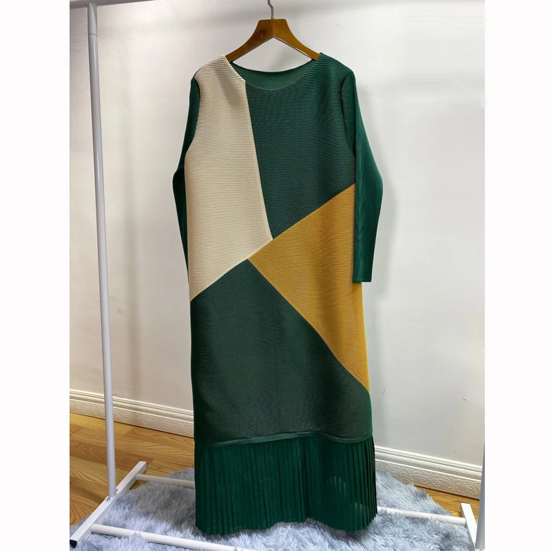 Miyake плиссированное платье с цветными блоками, весна, новинка, свободные, большие размеры, тонкие женские платья средней длины, а-силуэт