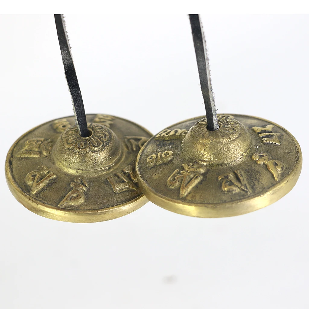 Exquisite 1 Pair Brass Carved om mani padme hum Cymbal Chinese Gong Tibetan Meditation Tingsha
