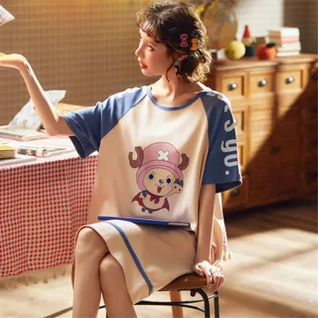 

O-Neck Night Dress Loose Home Service Cotton Summer Women Comfortable Night Dress Cartoon Print Night Dress Girl Large Size 2XL