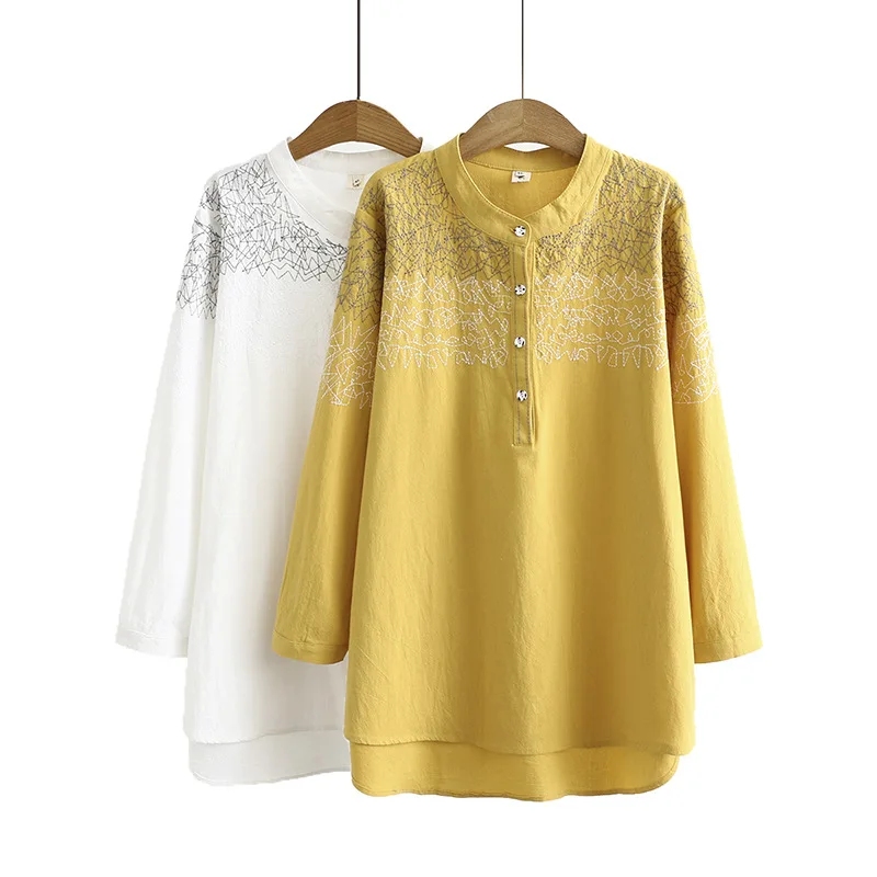 Autumn Women Shirts Ladies Solid Tops Female Long Sleeve Blouses Washed Cotton Embroidery Loose Plus Size Clothing K73 137