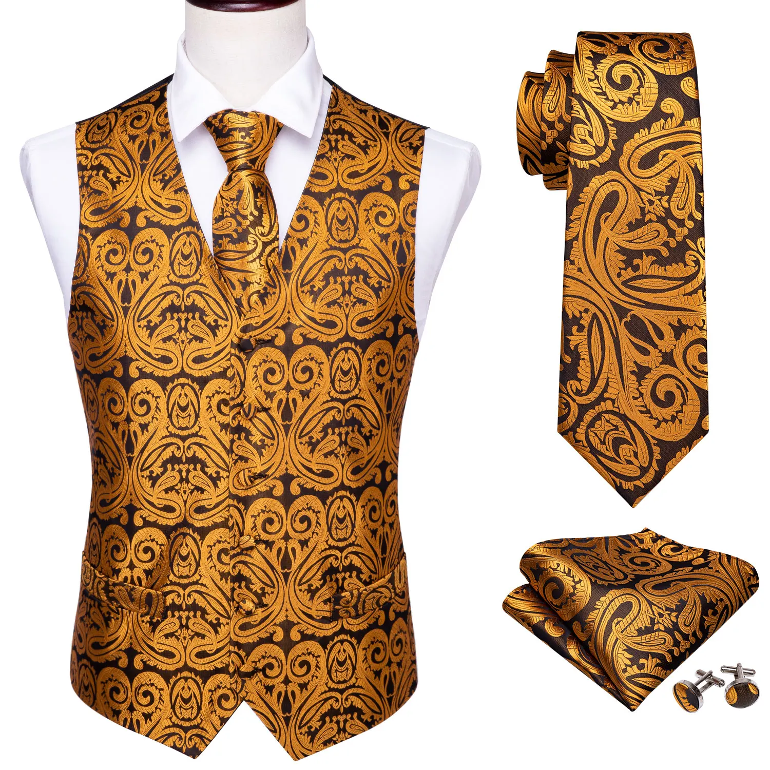 

4PC Mens Silk Vest Party Wedding Gold Paisley Solid Floral Waistcoat Vest Pocket Square Tie Slim Suit Set Barry.Wang BM-2012