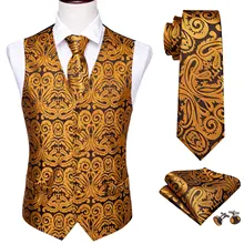 4PC Mens Silk Vest Party Wedding Gold Paisley Solid Floral Waistcoat Vest Pocket Square Tie Slim Suit Set Barry.Wang BM-2012 4PC Mens Silk Vest Party Wedding Gold Paisley Solid Floral Waistcoat Vest Pocket Square Tie Slim Suit Set Barry.Wang BM-2012