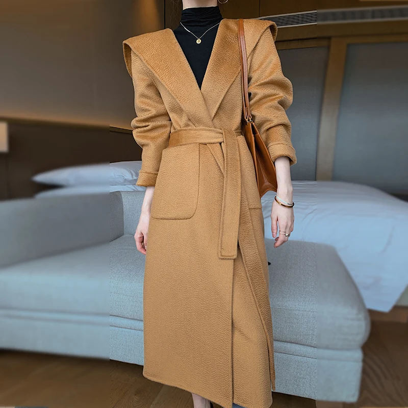 2021 100% Australia wool Water ripple coat women autumn cashmere double breasted temperament Camel | Женская одежда