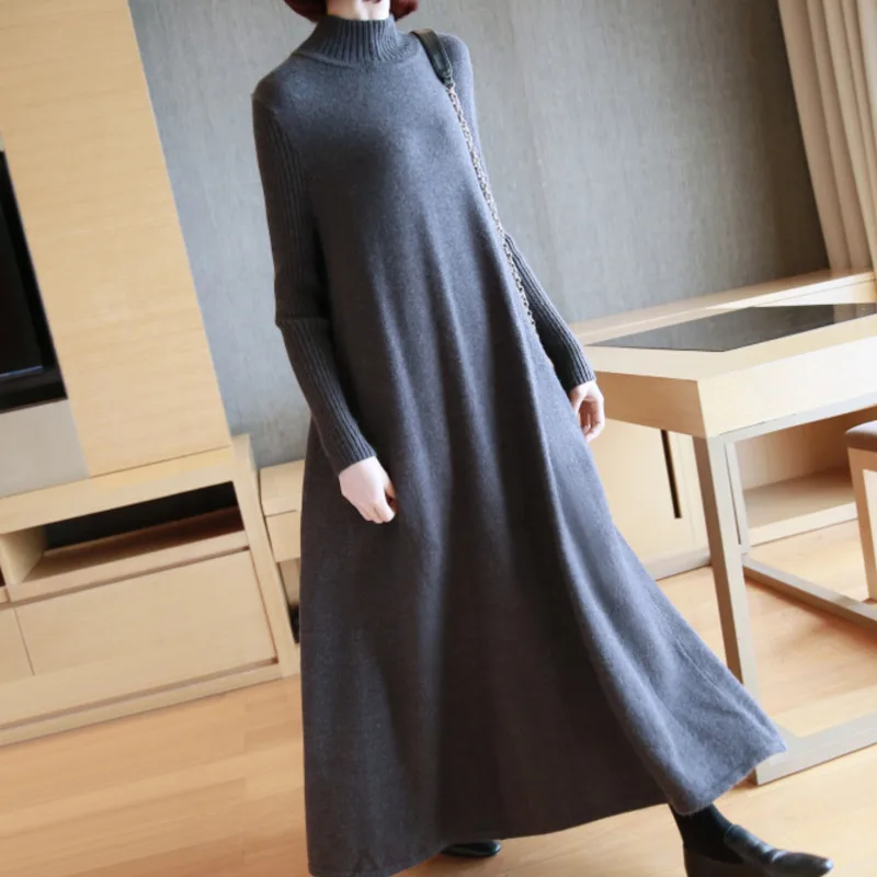 

LANMREM 2020 New Vintage Turtleneck Knitting Full Sleeve Women Dress Fashion Hot Sale Long Section Loose Clothes BD260