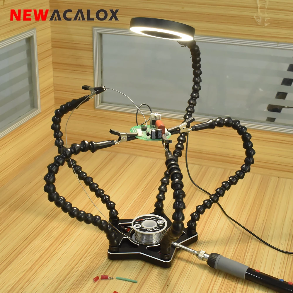 NEWACALOX Soldering Iron Holder 5PC Flexible Helping Hands 3X USB Magnifying Glass Table Lamp Soldering Station DIY Welding Tool