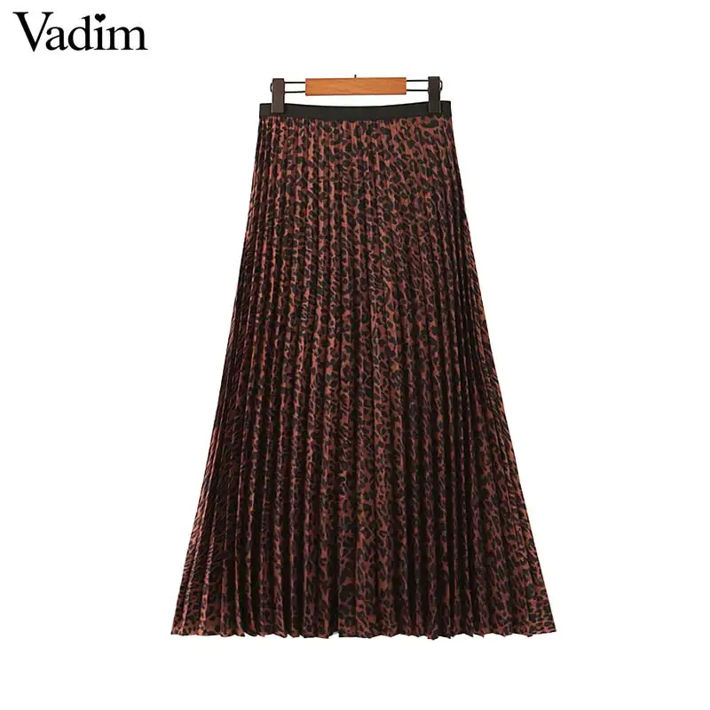 Vadim women leopard print pleated skirt elastic waist animal pattern basic female stylish wild ankle length skirts BA839
