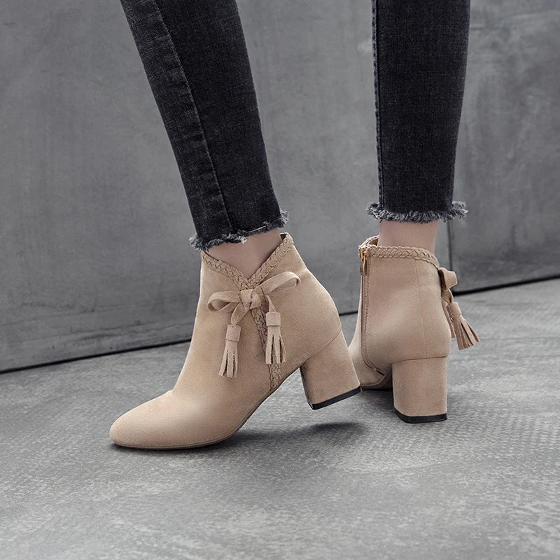

Pointed Toe Winter Boots Female Bow Knot Fringe Ankle Boots for Women Shoes Square High Heels Zip Shoes Woman Flock Ladies Boots