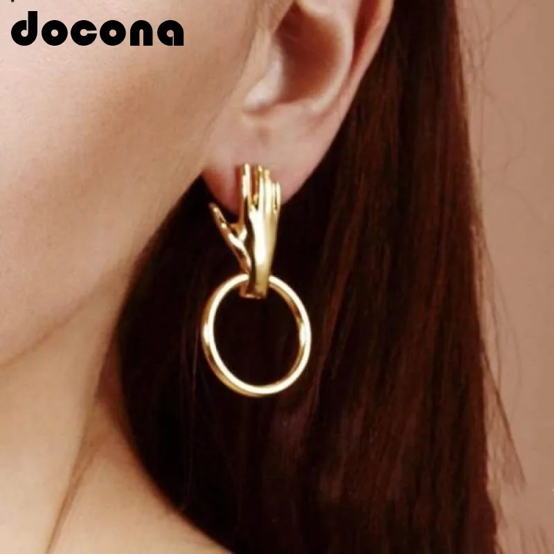 

docona Gold Color Hand Round Stud Earrings for Women Girl Geometric Metal Pendant Earring Party Vintage Jewelry Pendientes 3440